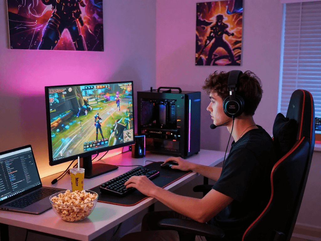Immersive adult game experience in a cozy bedroom with colorful LED lights.