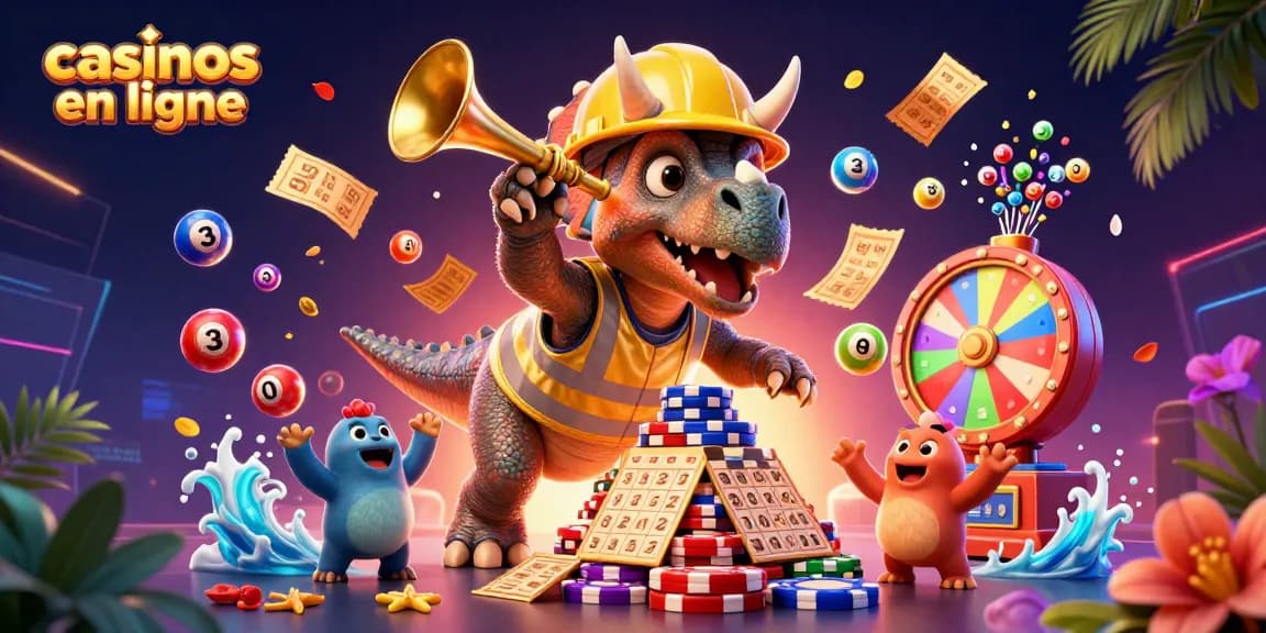 Illustration dynamique de casinos en ligne avec des personnages de dinosaures et des éléments de jeu.