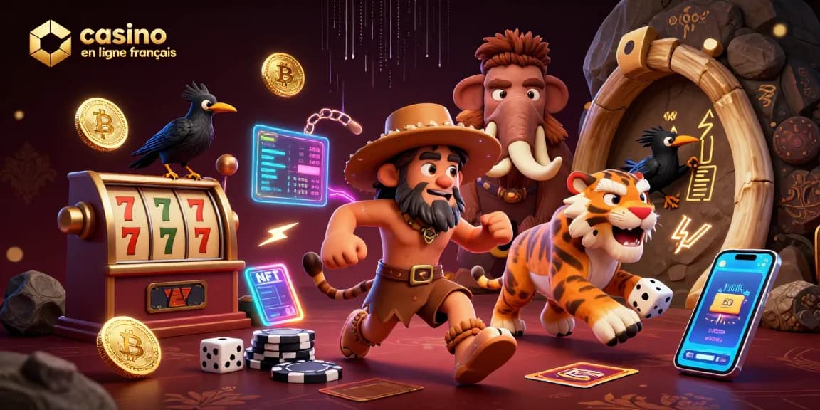 Illustration dynamique d'un casino en ligne français préhistorique, avec un duo de personnages colorés et des éléments de jeu modernes.