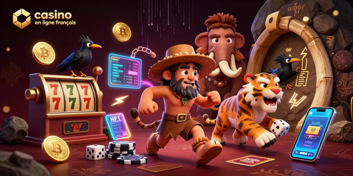 Illustration dynamique d'un casino en ligne français préhistorique, avec un duo de personnages colorés et des éléments de jeu modernes.
