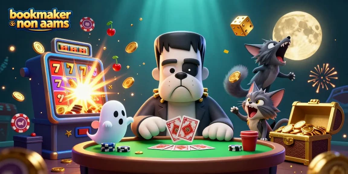Gioca su bookmaker non AAMS con un bulldog Frankenstein e simboli di casinò in un'illustrazione vivace.