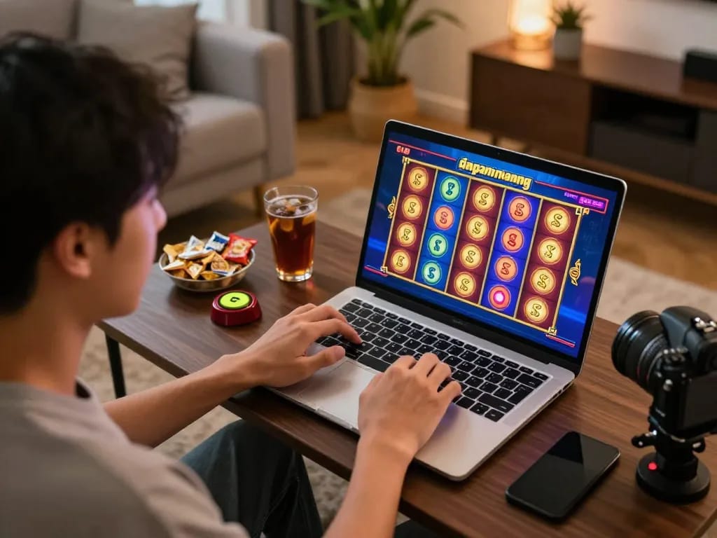 Engaging in slot gacor gampang menang online gameplay showcasing excitement and snacks in a cozy living room.