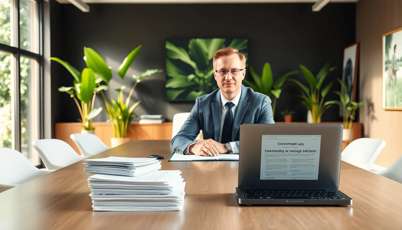Engaged environmental lawyer reviewing eco-friendly legal documents in a bright office.