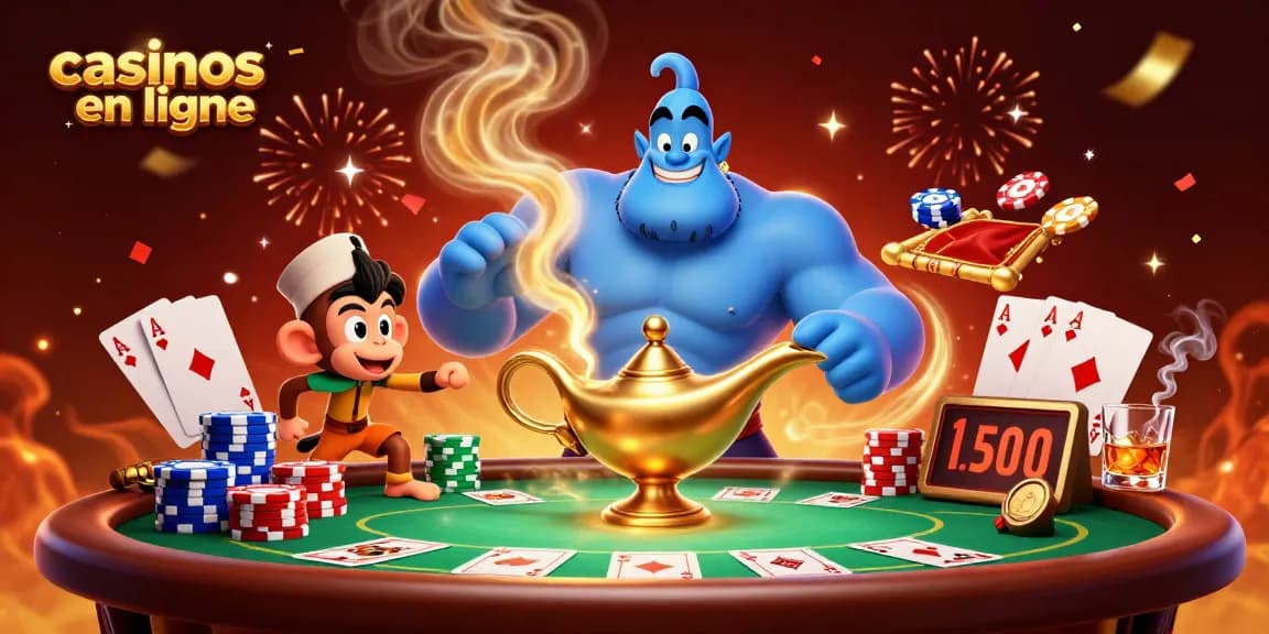 Jouer dans des casinos en ligne avec une illustration de génie et des jeux de poker colorés.