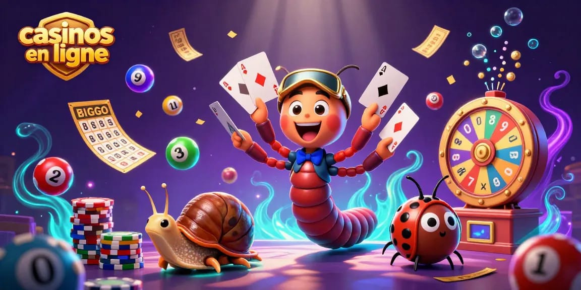 Casino en ligne : animation festive avec un mille-pattes dealer, des souris à gains, et des éléments de loterie