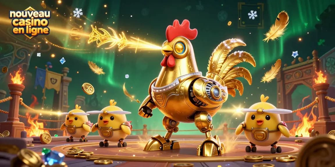 Dans ce tableau dynamique, découvrez un nouveau casino en ligne avec un robot coq doré et des drones poussins pour une expérience ludique inédite.