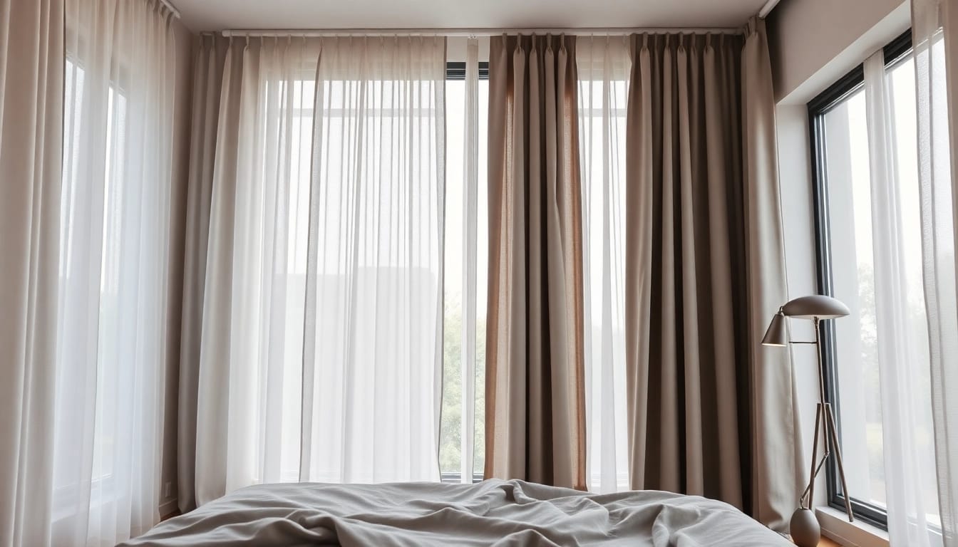 Verduisterende gordijnen in een moderne slaapkamer met natuurlijke verlichting en elegante stijl.