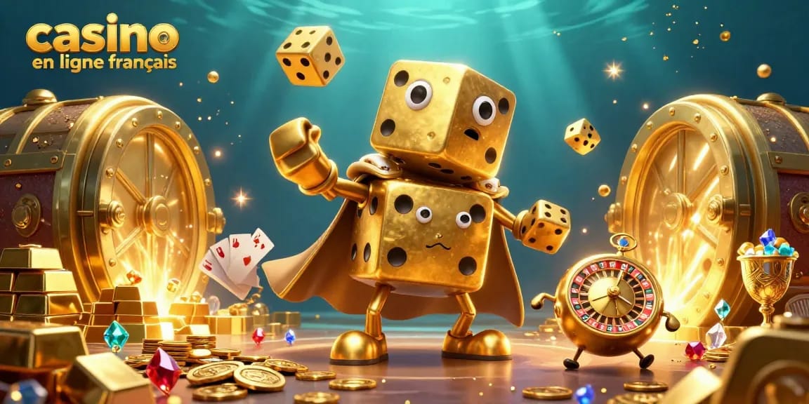 Jouez aux jeux de casino en ligne francais avec des dés d'or et des trésors scintillants.
