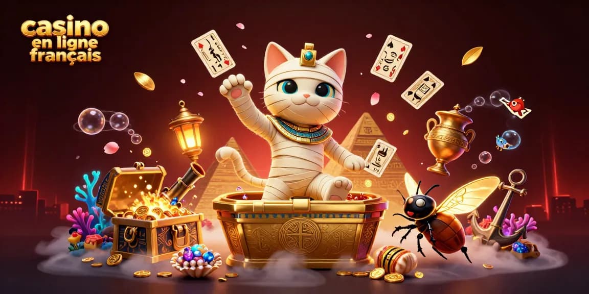 Plongez-vous dans l'univers du casino en ligne français avec un chat momie égyptien et des éléments mystérieux.