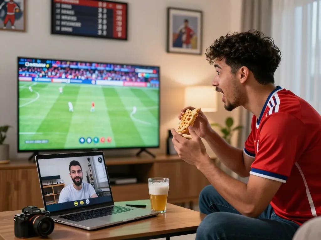 Fans enjoying a live football match through Cakhiatv 24h at home, showcasing excitement and camaraderie.