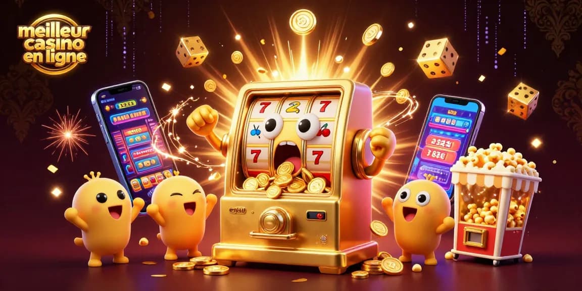 Meilleur casino en ligne avec une machine à sous dorée remportant un jackpot, entourée de machines à sous et de joie.