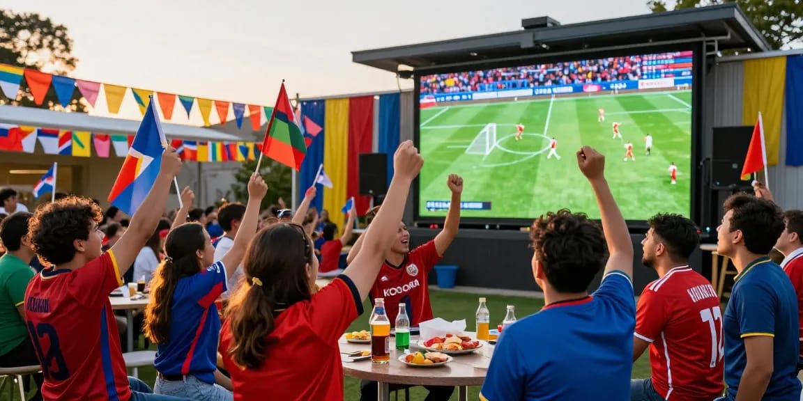 Excited fans enjoying live koora at an outdoor match viewing party, cheering with drinks and snacks.