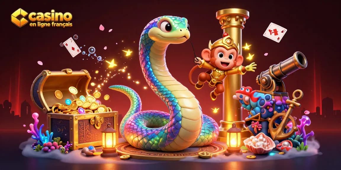Illustrez l'excitation du casino en ligne français avec un serpent coloré et un roi singe dynamique.