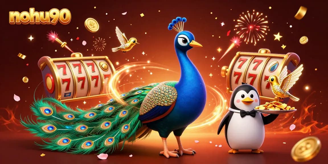 Nohu90 players experience thrilling jackpot spins in a vibrant casino illustration.