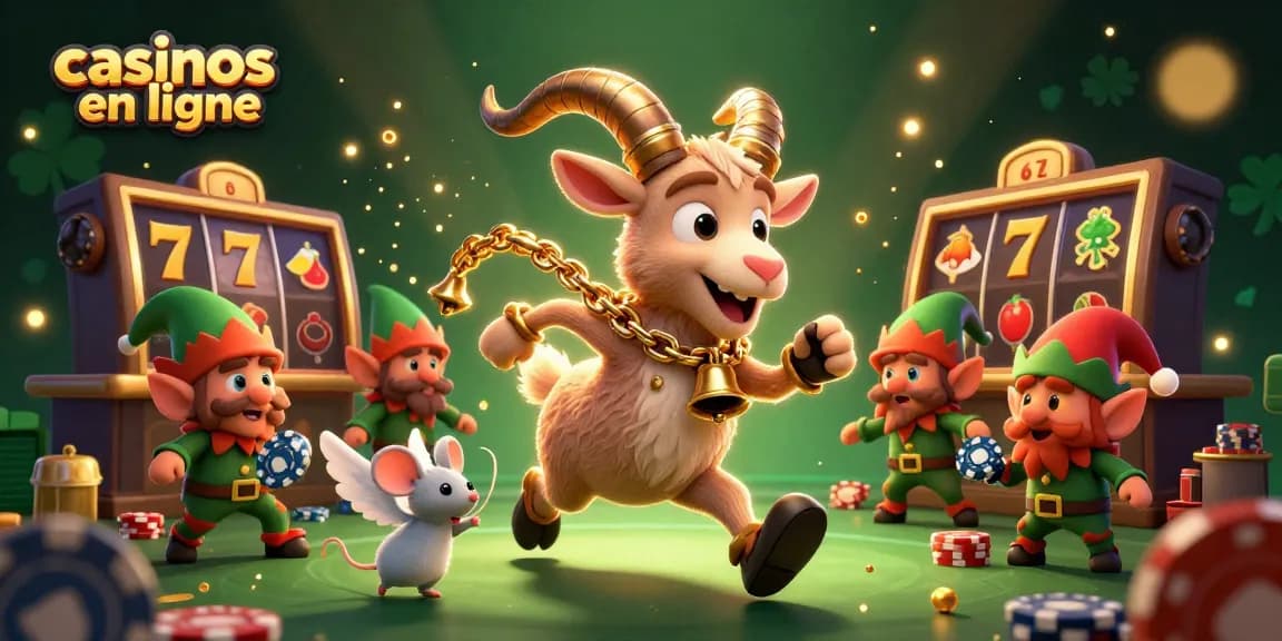 Casinos en ligne : Illustration festive d'un casino animé avec Krampus, une souris et des elfes joueurs