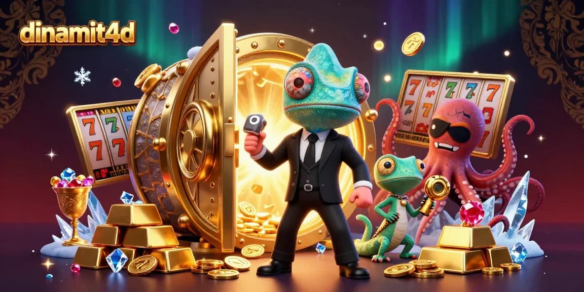 Activate your luck with dinamit4d as vibrant cartoon characters gamble amidst treasure and jackpots.
