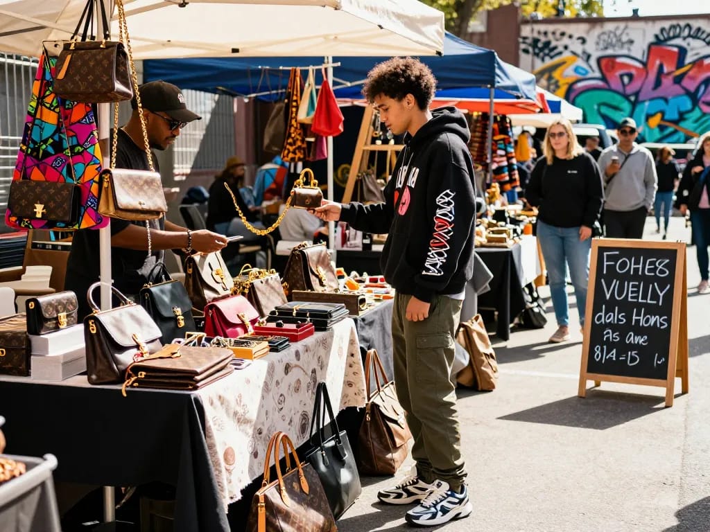 A fashionable shopper exploring luxury 레플리카 bags at a vibrant market, showcasing trendy streetwear against an urban backdrop.