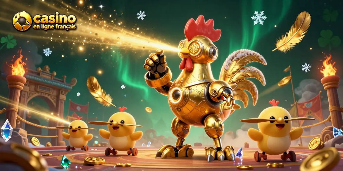 Illustration dynamique d'un casino en ligne français avec un robot coq doré et des drones poussins.