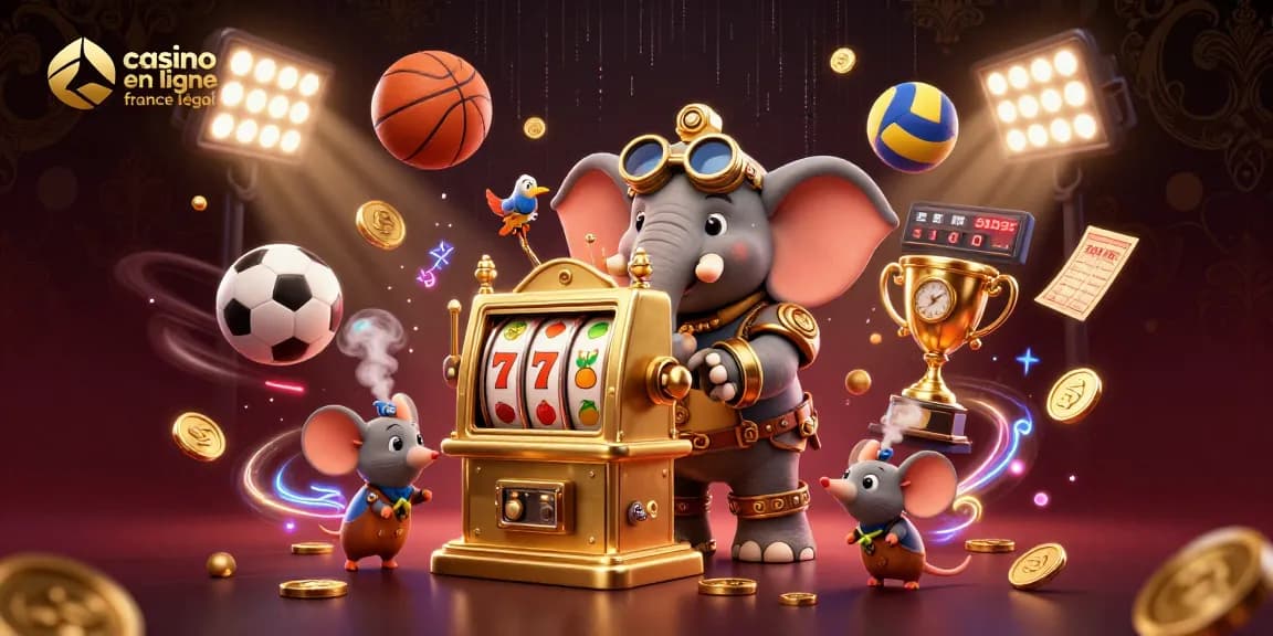 Jouez à casino en ligne France légal avec une illustration dynamique de machines à sous et éléments sportifs.