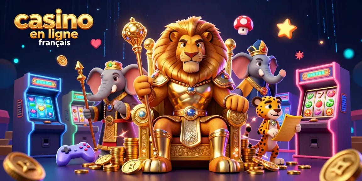 Illustration dynamique de casino en ligne français avec un roi lion, un éléphant sage et un guépard messager.