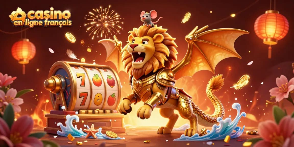 Action des jeux de casino en ligne français avec une chimère et des symboles de jackpot en arrière-plan.