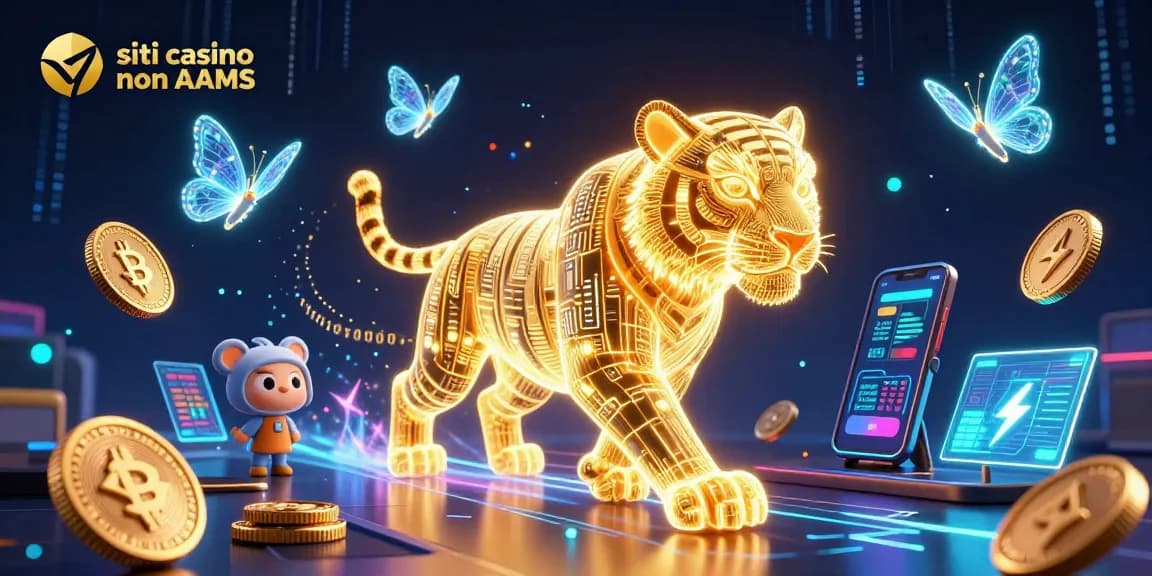 Scopri i migliori siti casino non AAMS con un'illustrazione 3D di una tigre dorata e valute crittografiche.