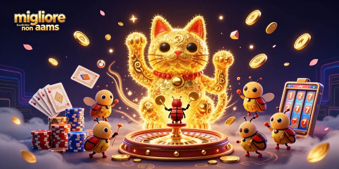 Scopri il migliore bookmaker non AAMS con un'illustrazione 3D di fortuna e vincite al casinò.