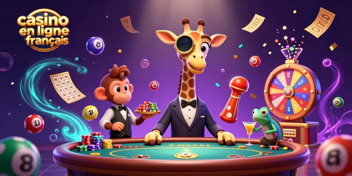 Profitez du casino en ligne français avec une girafe haut de gamme, valet et barman dans une scène animée.