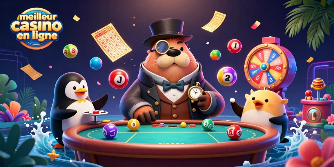 Illustration représentant le meilleur casino en ligne avec un morse, un pingouin croupier et un poisson-globe jouant ensemble.