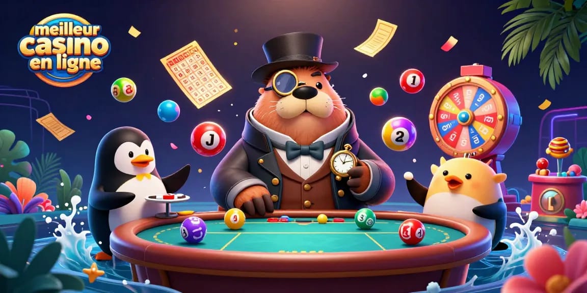 Illustration représentant le meilleur casino en ligne avec un morse, un pingouin croupier et un poisson-globe jouant ensemble.