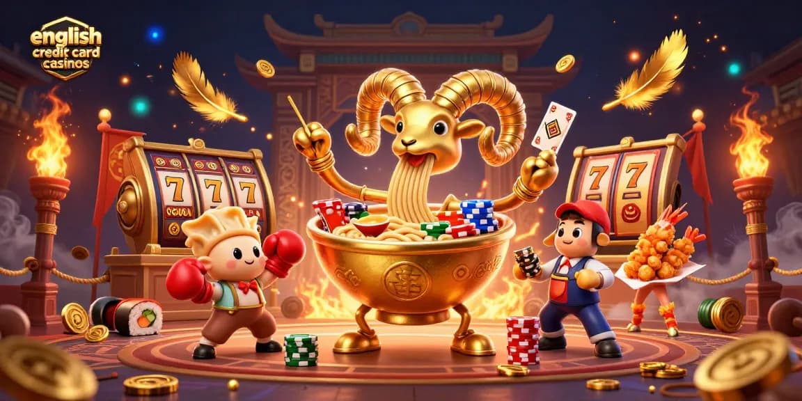 Engage with exciting gameplay at english credit card casinos as a giant ramen bowl deals cards.