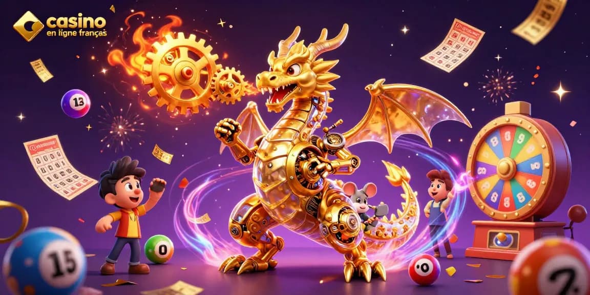 Gagnez en jouant à casino en ligne francais avec un dragon animé et des éléments de loterie.