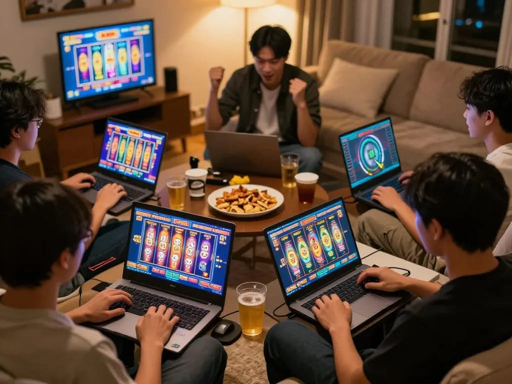 Players enjoying a thrilling slot gacor gaming session online from their cozy living rooms.