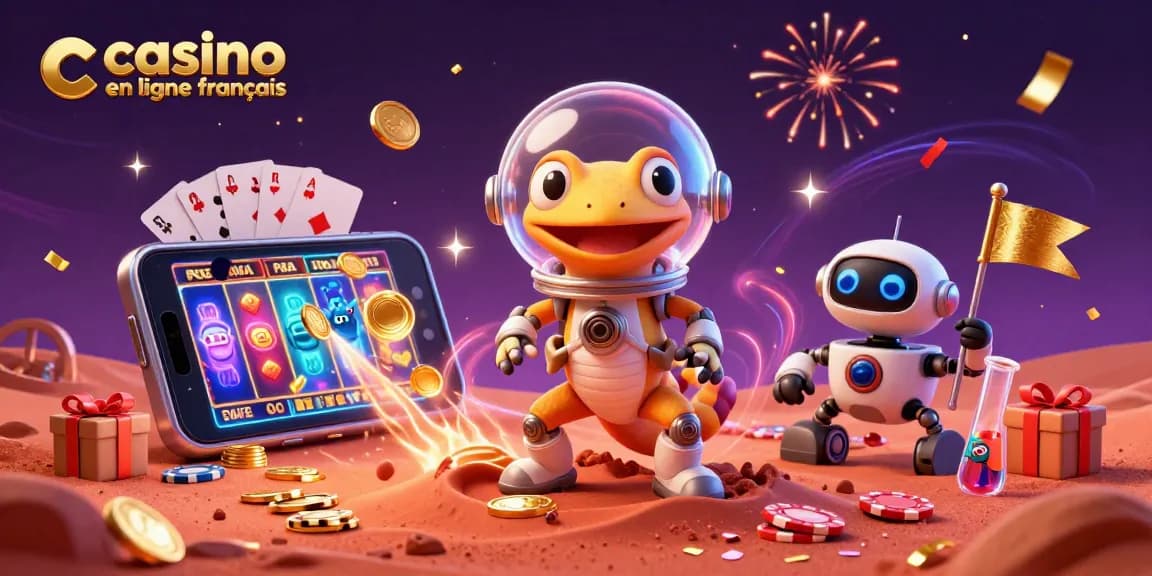 Profitez du casino en ligne français avec un gecko martien et un rover robot, célébrant des gains fantastiques.