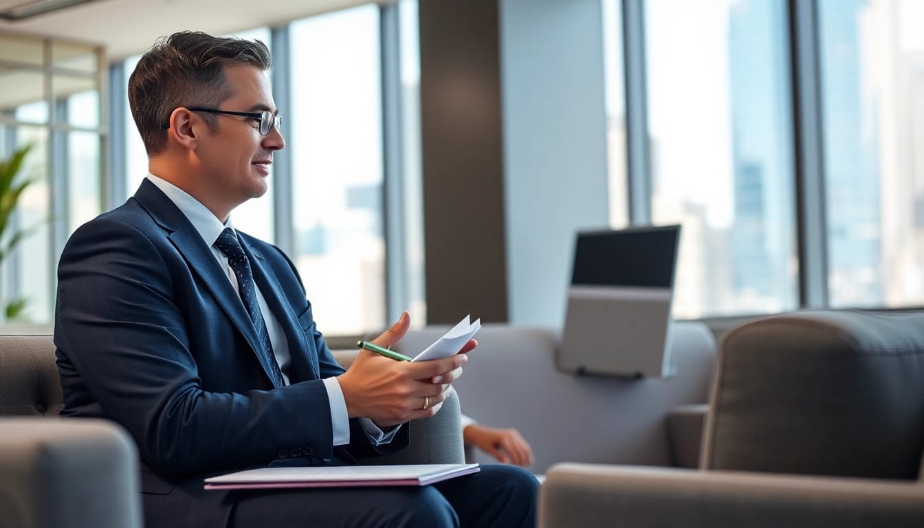Clearwater truck accident attorney helping a client in a modern office.