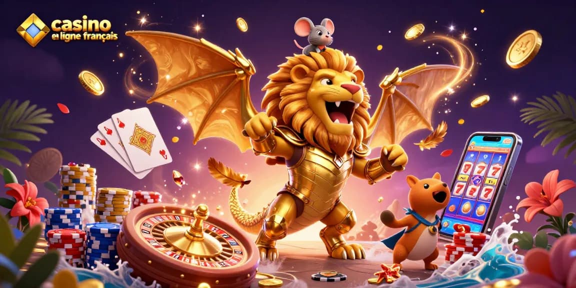 Jouez à un casino en ligne français avec une chimère triomphante et des éléments de casino scintillants.