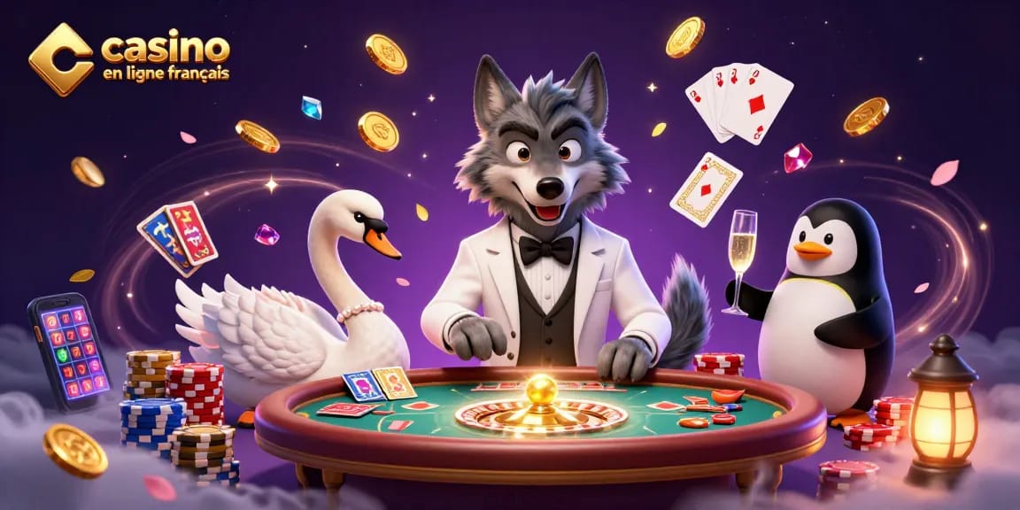 Une scène animée représentant un casino en ligne français avec un loup élégant, un cygne dealer, et un pingouin sommelier.