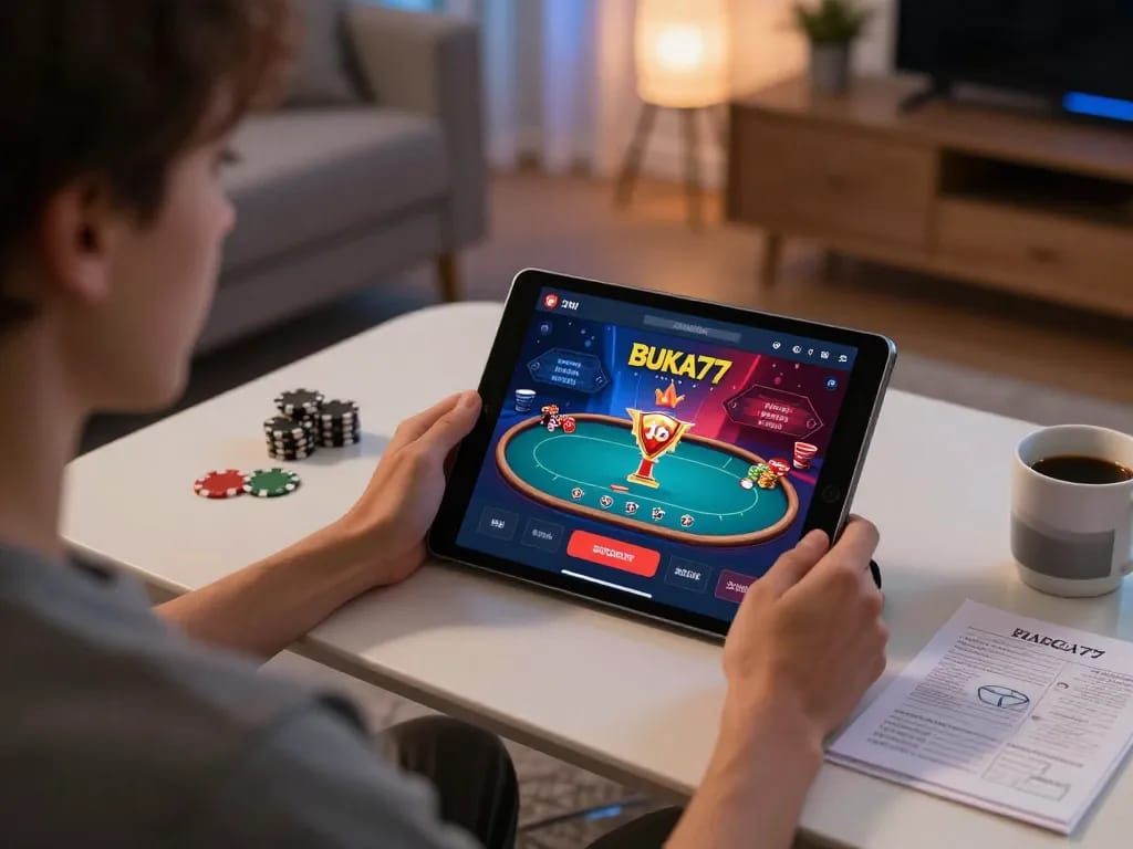 Engaging with BUKA77 casino app on a tablet for online poker gameplay in a cozy home setup.