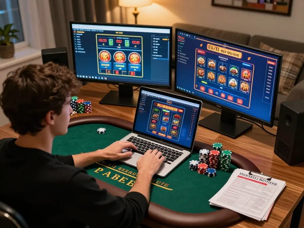 Player strategizing poker on fly88 while managing multiple casino games from home office.