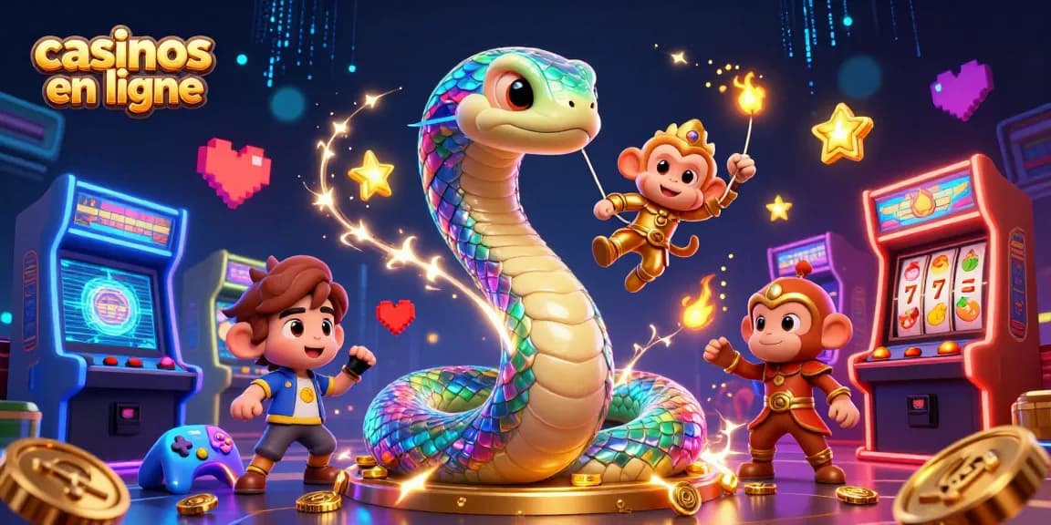 Scène dynamique illustrant des jeux casinos en ligne avec un serpent arc-en-ciel et un roi singe.