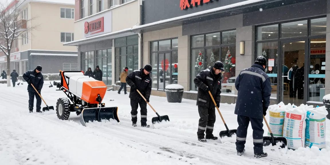 Winterdienst-Team räumt schneebedeckte Wege vor einem Geschäftsgebäude in Dortmund, um Sicherheit zu gewährleisten.