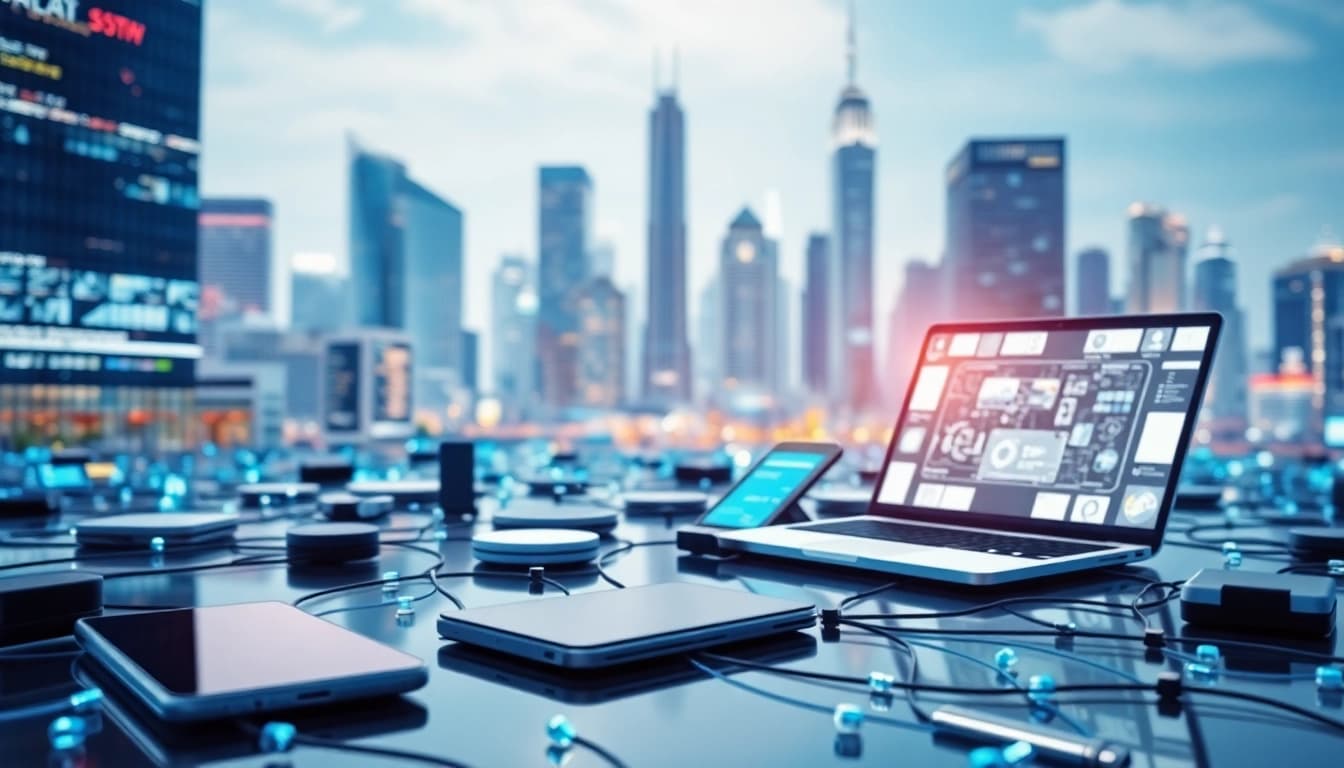 Engaging visual of Technology featuring interconnected digital devices in a vibrant urban landscape.