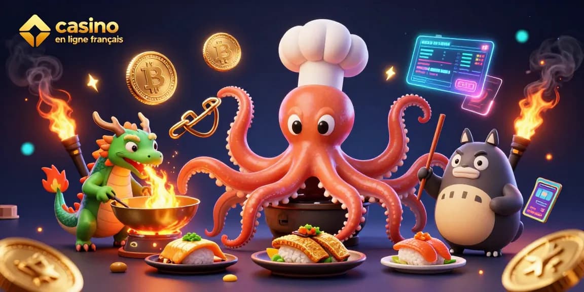 Illustration dynamique de casino en ligne français avec un chef sushi et un dragon, au milieu des jetons de crypto.