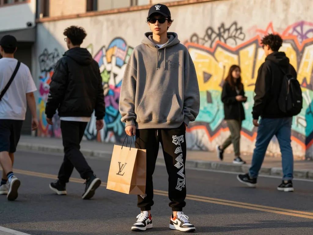 Model displaying 레플리카 streetwear fashion in vibrant urban setting