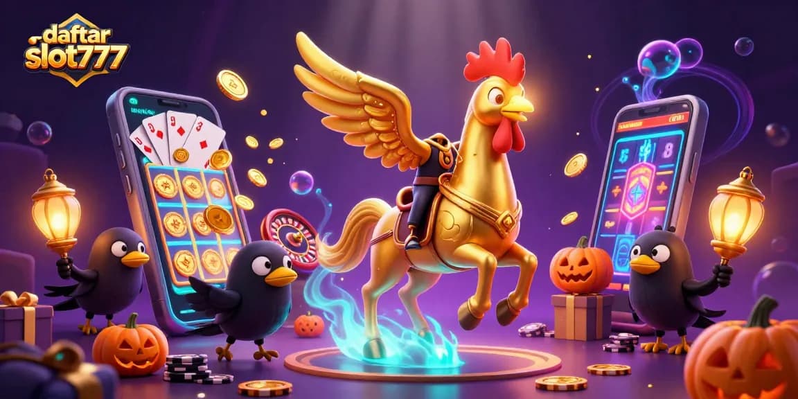 Engage with daftar slot777 in a vibrant casino scene filled with golden coins, slots, and colorful game elements.