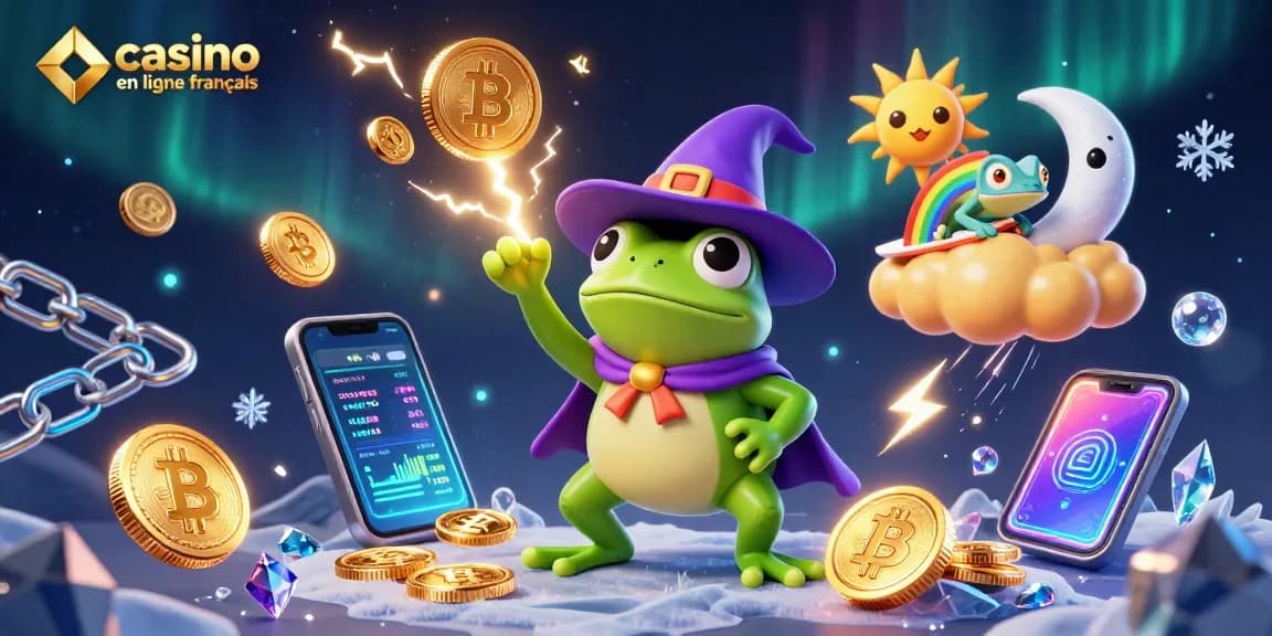 Célébrez les gains du casino en ligne français avec un jeu inspirant d'un mage grenouille et un caméléon surfant.