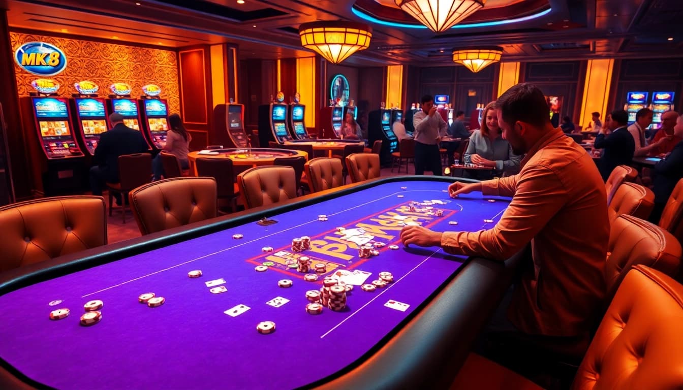 Enjoy thrilling gameplay at the MK 8 casino table with vibrant chips and cards.