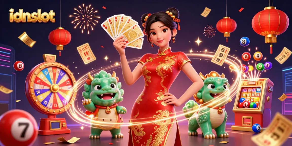 Engaging idnslot scene featuring traditional Chinese elements and dynamic gambling symbols.
