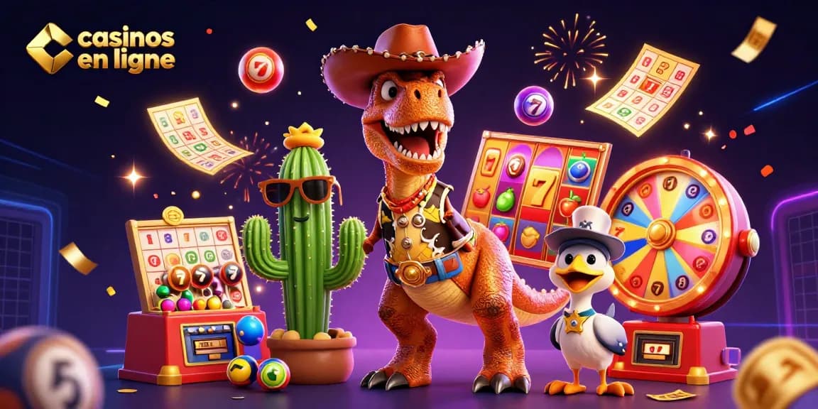 Gagnez avec des jeux de casinos en ligne en découvrant un T-Rex et ses compagnons dans une scène colorée.