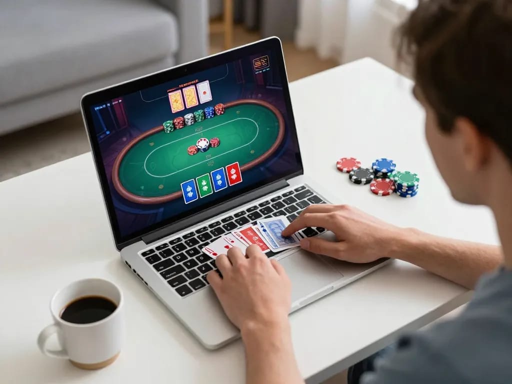 Engaging online poker action on u888poker, player focused on laptop screen showcasing cards and chips in cozy atmosphere.